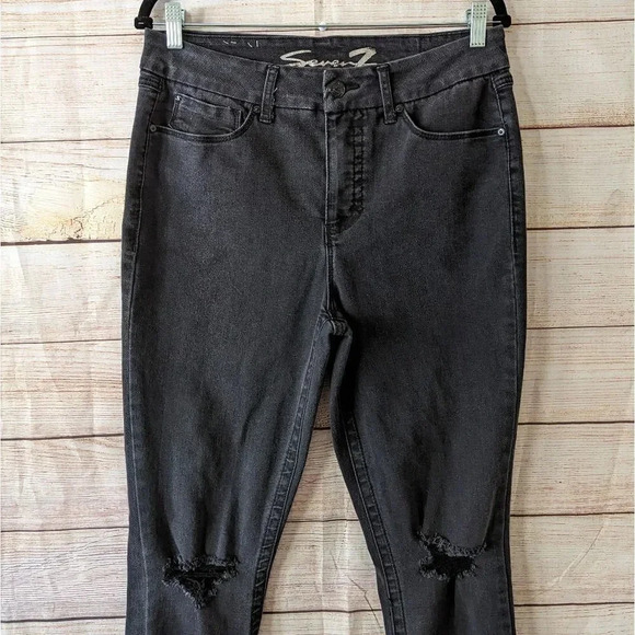Seven Tummyless High Rise Skinny Distressed Jeans Black Stretchy - Picture 2 of 12